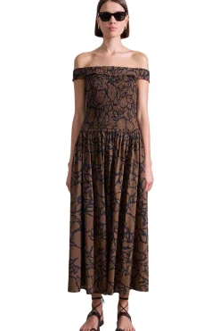 Apiece Apart Britt Off Shoulder Dress in Large Lace Floral Chocolate