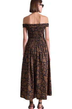 Apiece Apart Britt Off Shoulder Dress in Large Lace Floral Chocolate