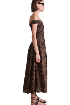 Apiece Apart Britt Off Shoulder Dress in Large Lace Floral Chocolate