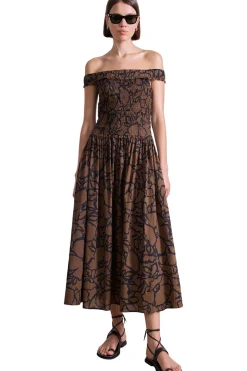Apiece Apart Britt Off Shoulder Dress in Large Lace Floral Chocolate