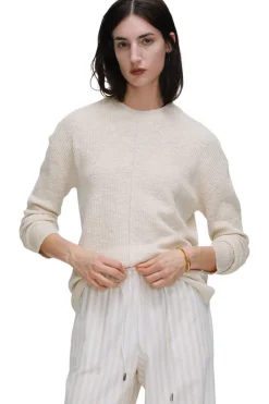 ATM Cotton Blend Pintuck Detail Crew Neck Sweater in Chalk