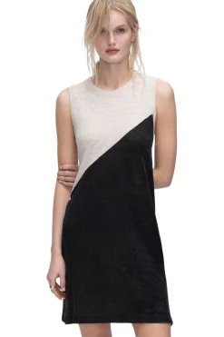 ATM Slub Jersey Sleeveless A-Line Dress Colorblock in Beige-Black