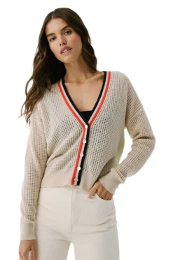 Autumn Cashmere Mesh Cardigan with Varsity Stripes in Basket Combo