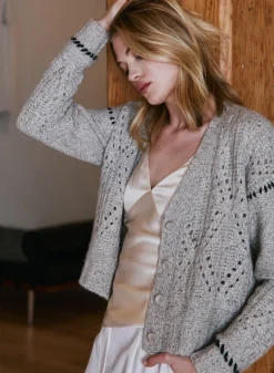 Autumn Cashmere Shaker V Neck Cardi w/ Diamond in Pebble-Pepper