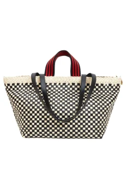 Clare V. Bateau Tote in Cream & Black Border Woven Checker