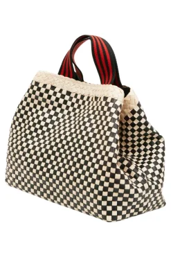 Clare V. Bateau Tote in Cream & Black Border Woven Checker