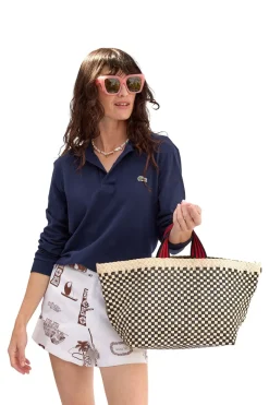 Clare V. Bateau Tote in Cream & Black Border Woven Checker