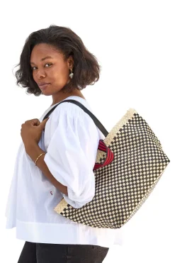 Clare V. Bateau Tote in Cream & Black Border Woven Checker