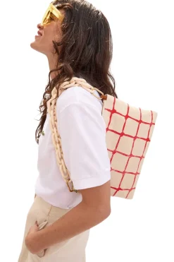 Clare V. Flat Clutch w/ Tabs in Natural w/ Bright Poppy Net Printed Canvas