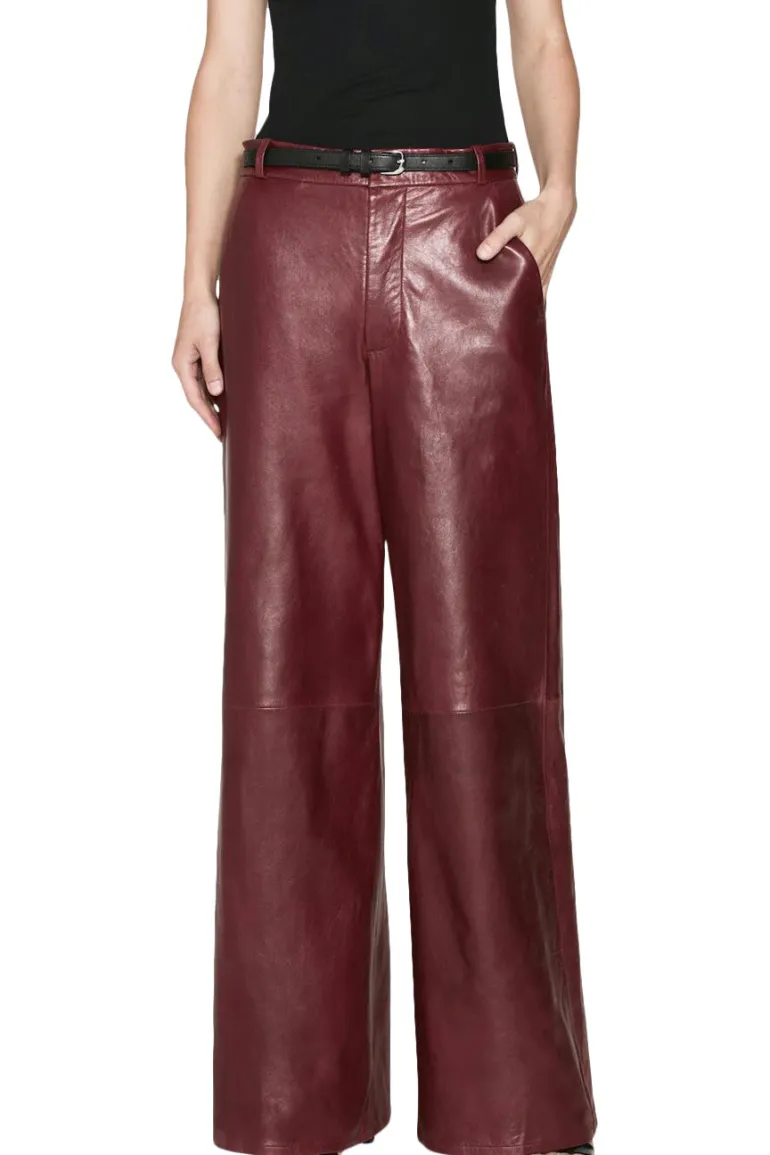 Frame Denim Wide Leather Trousers in Syrah Red