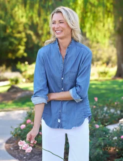 Frank & Eileen Eileen Ruffle Relaxed Button Up Shirt in Vintage Indigo