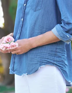 Frank & Eileen Eileen Ruffle Relaxed Button Up Shirt in Vintage Indigo
