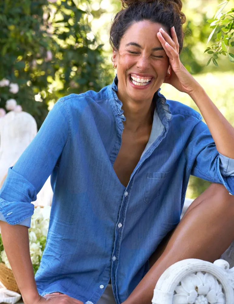 Frank & Eileen Eileen Ruffle Relaxed Button Up Shirt in Vintage Indigo