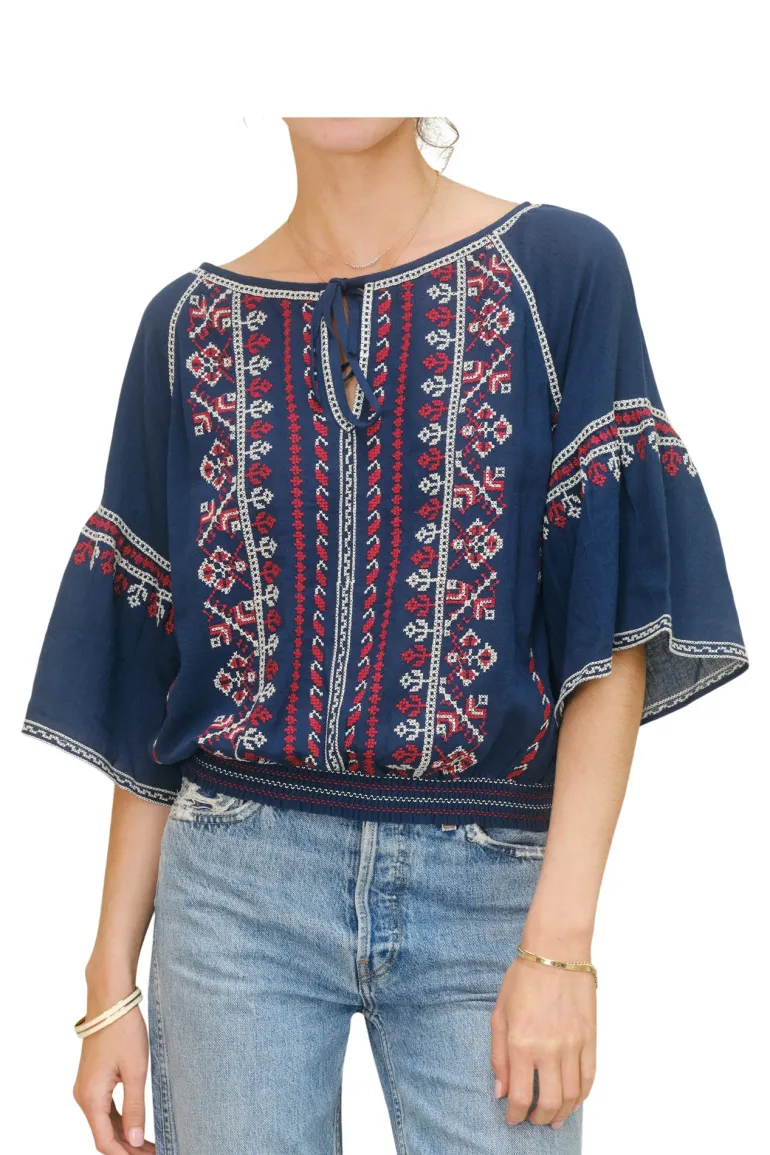 M.A.B.E. Lena Embroidered Top in Navy