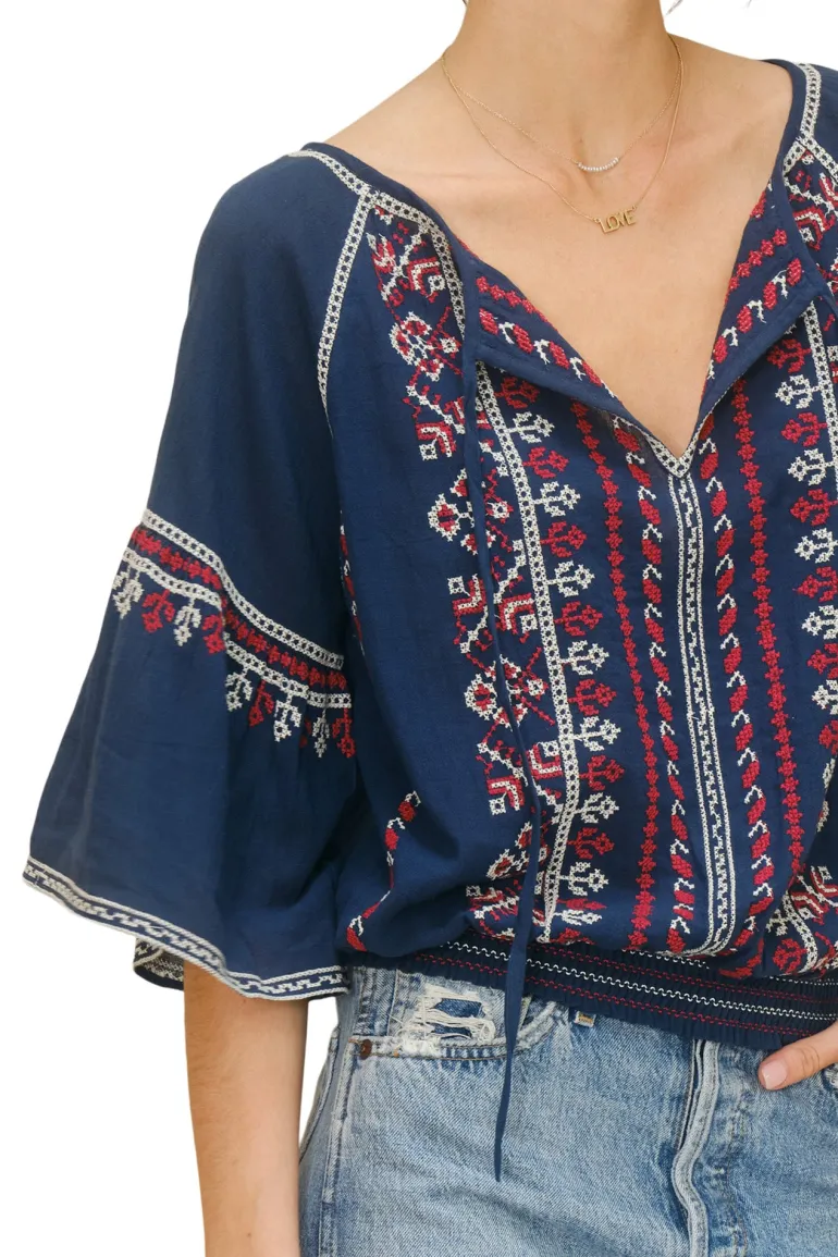 M.A.B.E. Lena Embroidered Top in Navy