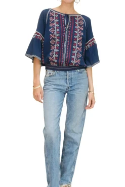 M.A.B.E. Lena Embroidered Top in Navy