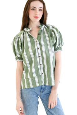 Never A Wallflower Elastic Collar Short Sleeve Top in Green Stripe