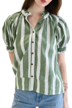 Never A Wallflower Elastic Collar Short Sleeve Top in Green Stripe