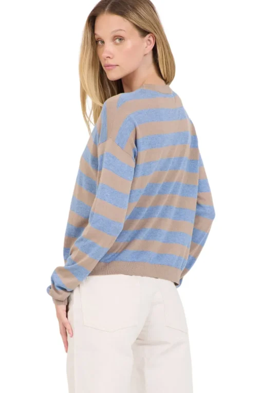 One Grey Day Sloane Cotton Striped Boxy Pullover in Stone Combo
