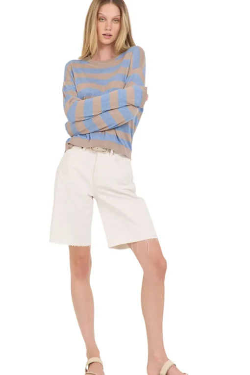 One Grey Day Sloane Cotton Striped Boxy Pullover in Stone Combo