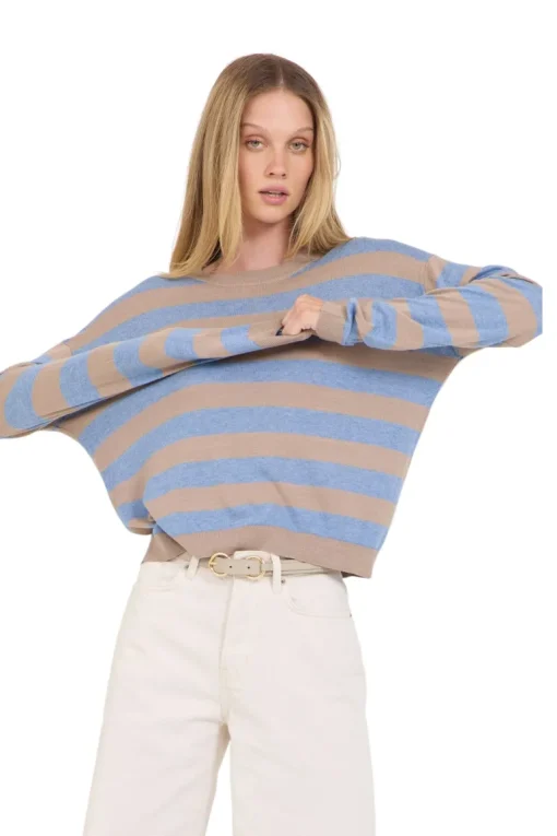 One Grey Day Sloane Cotton Striped Boxy Pullover in Stone Combo