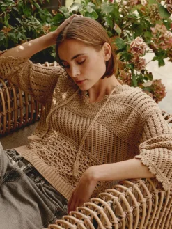 Repeat Cashmere Ajour Cotton Sweater with Crochet Details in Gold