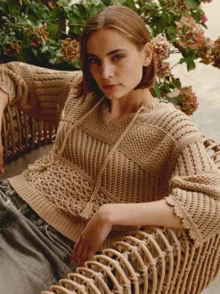 Repeat Cashmere Ajour Cotton Sweater with Crochet Details in Gold