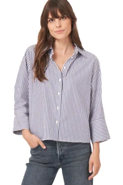 Repeat Cashmere Cotton Blouse with Stripes in Dark Navy