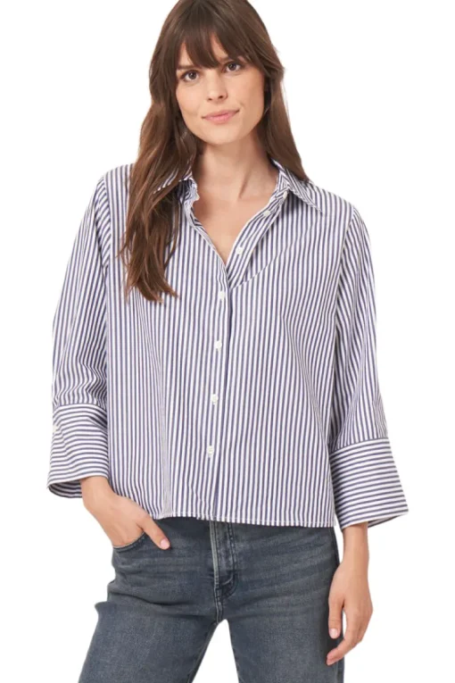 Repeat Cashmere Cotton Blouse with Stripes in Dark Navy