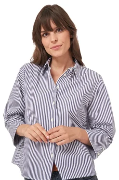 Repeat Cashmere Cotton Blouse with Stripes in Dark Navy
