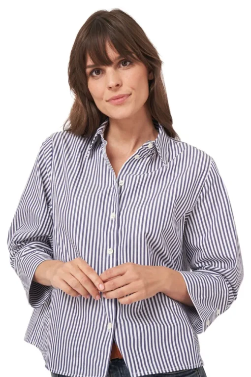 Repeat Cashmere Cotton Blouse with Stripes in Dark Navy