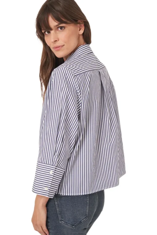 Repeat Cashmere Cotton Blouse with Stripes in Dark Navy