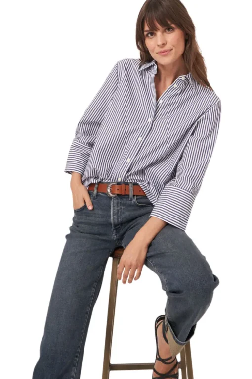 Repeat Cashmere Cotton Blouse with Stripes in Dark Navy
