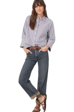 Repeat Cashmere Cotton Blouse with Stripes in Dark Navy
