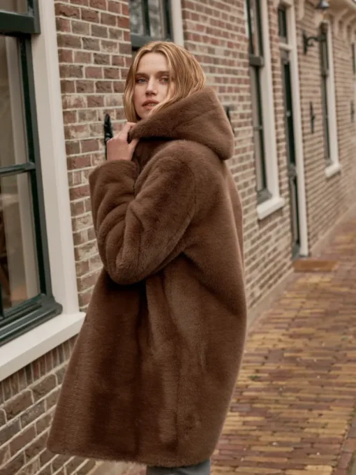 Repeat Cashmere Faux Fur Coat in Coffee