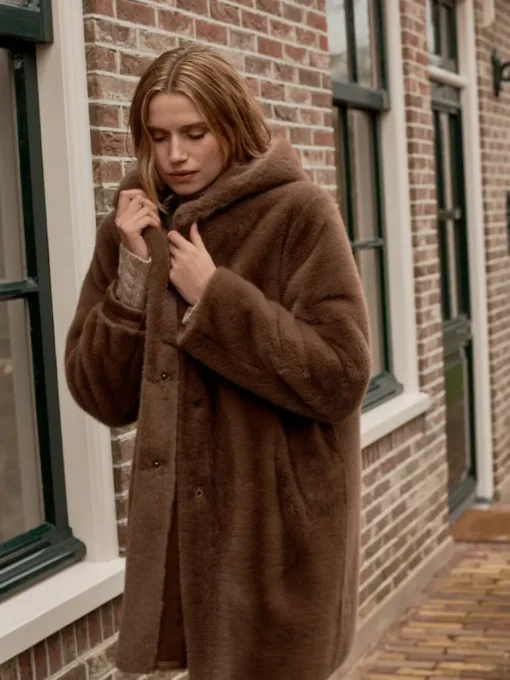 Repeat Cashmere Faux Fur Coat in Coffee