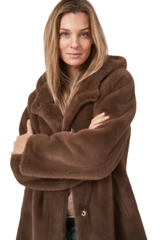 Repeat Cashmere Faux Fur Coat in Coffee
