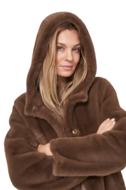 Repeat Cashmere Faux Fur Coat in Coffee