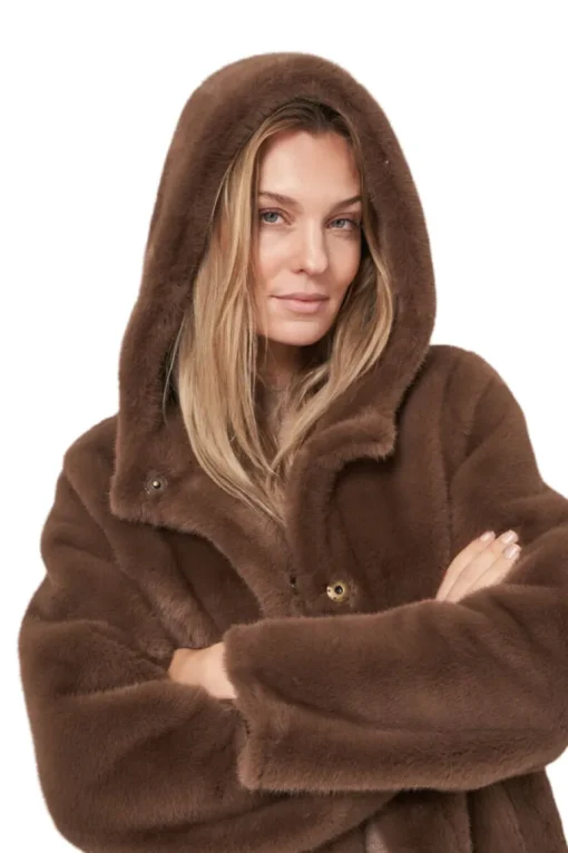 Repeat Cashmere Faux Fur Coat in Coffee