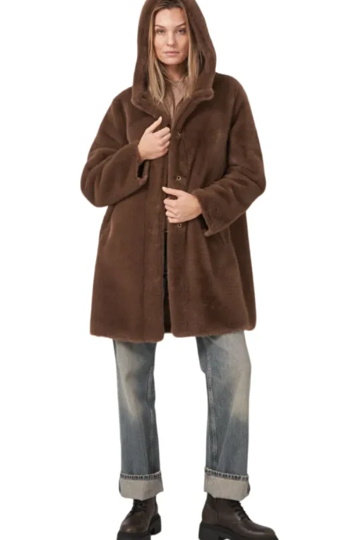 Repeat Cashmere Faux Fur Coat in Coffee