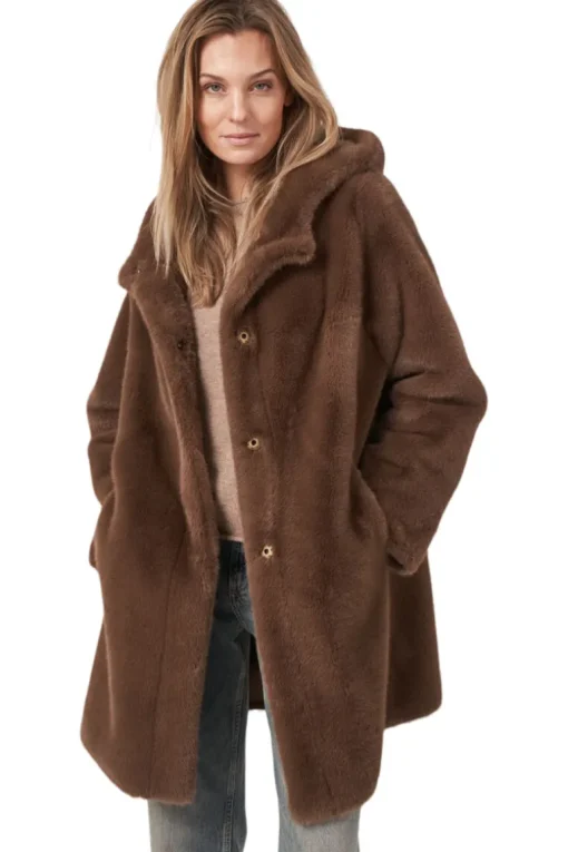 Repeat Cashmere Faux Fur Coat in Coffee