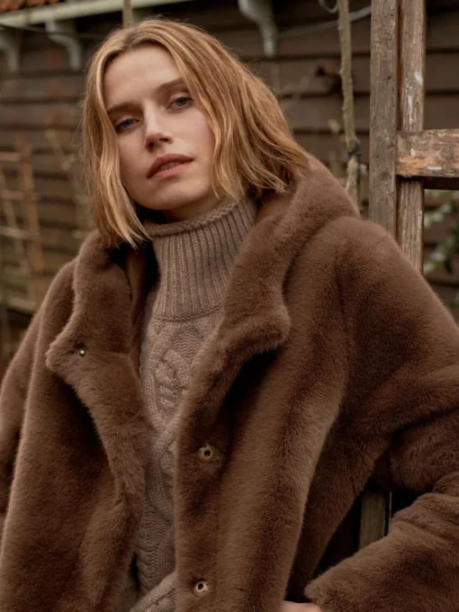 Repeat Cashmere Faux Fur Coat in Coffee