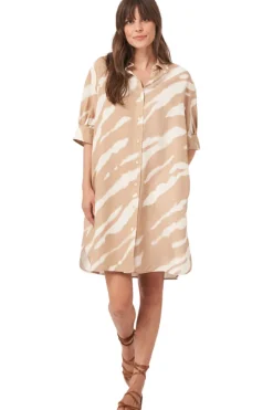 Repeat Cashmere Linen Blend Shirt Dress with Animal Print in Gold