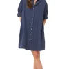 Repeat Cashmere Shirt Dress with Short Puff Sleeves in Marine