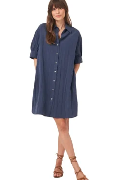 Repeat Cashmere Shirt Dress with Short Puff Sleeves in Marine