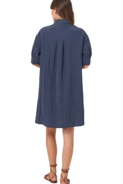 Repeat Cashmere Shirt Dress with Short Puff Sleeves in Marine