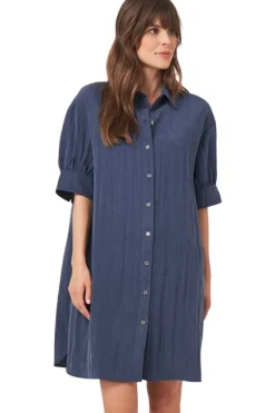 Repeat Cashmere Shirt Dress with Short Puff Sleeves in Marine