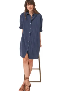 Repeat Cashmere Shirt Dress with Short Puff Sleeves in Marine