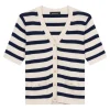 Repeat Cashmere Short Sleeve Rib Knit Striped Cardigan in Ivory