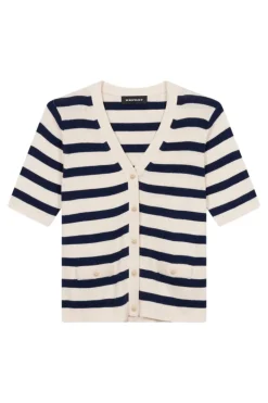 Repeat Cashmere Short Sleeve Rib Knit Striped Cardigan in Ivory